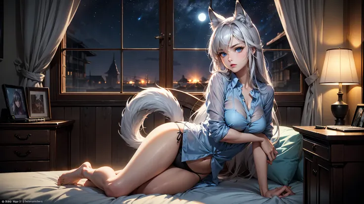 Create a visually stunning image of a gorgeous anime wolf girl with long silverish hair and striking blue eyes. She is leaning on her bed, gazing out the window at the starry night sky. She wears a silky see-through shirt and panties, highlighting her ethe...