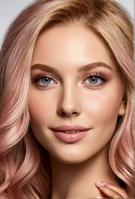 Crée une image ultra réaliste dune femme parfaite. Elle doit avoir des cheveux rose et blond brillants et des yeux noisette . Son teint est éclatant et sa peau est impeccable. Elle a un sourire chaleureux et charmant, avec des traits délicats et bien défin...