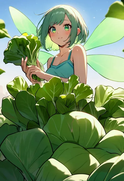 a  fairy flying over a pile of Lettuce , holding one Lettuce on her hand