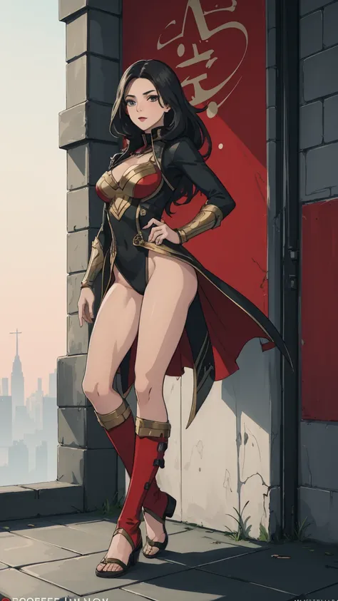 ((full body photo, standing, feet on the ground)) (Adriana Lima :1.1) Red lips, green eyes, ((full body photo, standing, feet on the ground)) Wonder Woman stands imposingly in a city from Themyscira. The scenery is lush. The camera details everything, a wa...