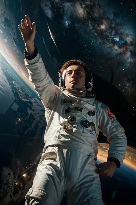 Extremely detailed and high resolution masterpiece Astronaut man reaching for a light and wanting to catch it in space with background noise 