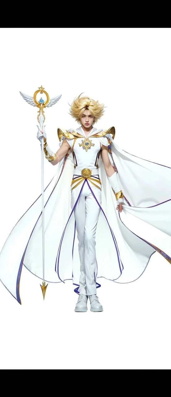 (absurdres, highres, ultra detailed, HDR), sailor moon male version, masterpiece, best quality, "Sailor moon guardians" Character handsome boy in white and gold outfit, long hair, wearing long white cape, blonde hair, white top with gold shoulder, white pa...