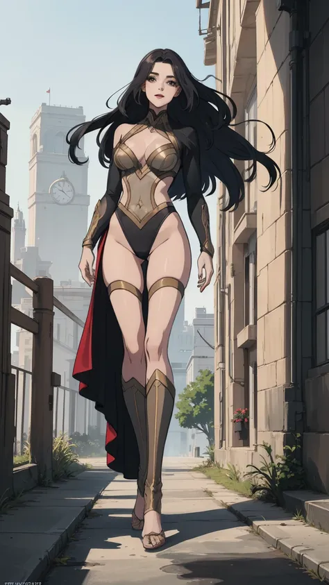 ((full body photo, standing, feet on the ground)) (Adriana Lima :1.1) Red lips, green eyes, ((full body photo, standing, feet on the ground)) Wonder Woman stands imposingly in a city from Themyscira. The scenery is lush. The camera details everything, a wa...