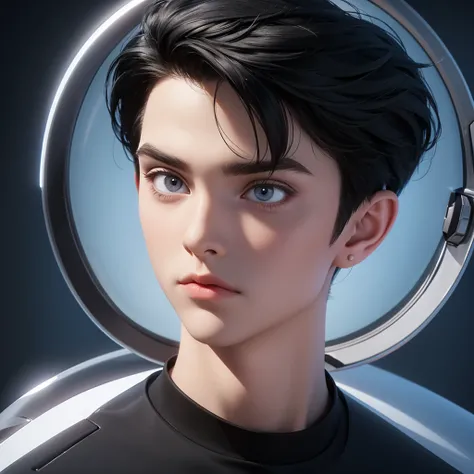 A white boy with black hair who seems to know a lot about technology. 3d cartoon style with big head and big eyes