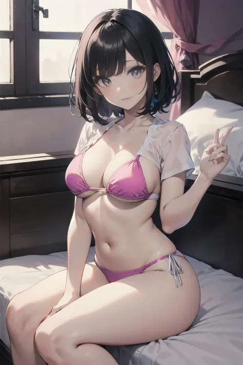 High quality, highest quality, full limbs, ultra high definition, bright eyes, drooping eyes, full hands and fingers, slender beauty, big rounded breasts, princess cut, black hair, wearing a very short transparent white T-shirt, wearing a mini Pink bikini,...