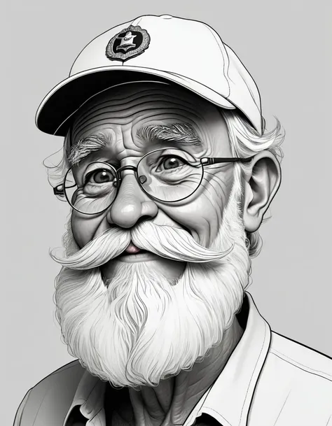 cartoon of happy grandpa with a beard, in a cap, aged 62, monochromatic minimalist portraits, simplistic cartoon, satirical humor, Random Expression, strong facial expression, simple details, rounded minimalist --ar 1:1