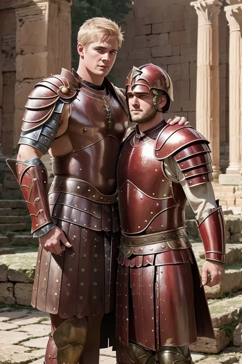 Ancient Rome. Muscular, with a carefully shaved face, without beard or mustache, handsome, in battle armor, blond centurion of the Roman army, 45 years old. He fucks in the ass a red-haired slave boy, 16 years old, poorly dressed, who is in love with him. ...