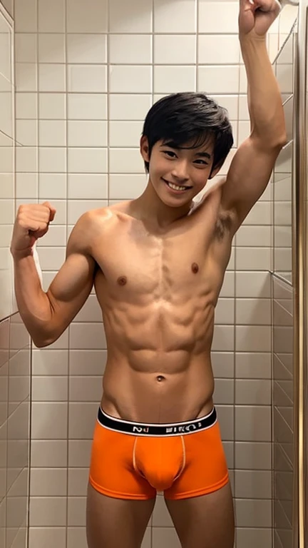 Japanese men、14 years old、Well-developed muscles and smooth skin、Very short black hair、Relaxed smile、Light orange boxer briefs、the whole body looks good、Fist pump in the bathroom、Anatomically correct body、