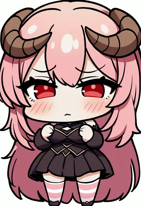 1girl with long pink hair, red eyes, two horns on head, big breasts, short black dress, pink and white striped stockings, shy face, chibi style