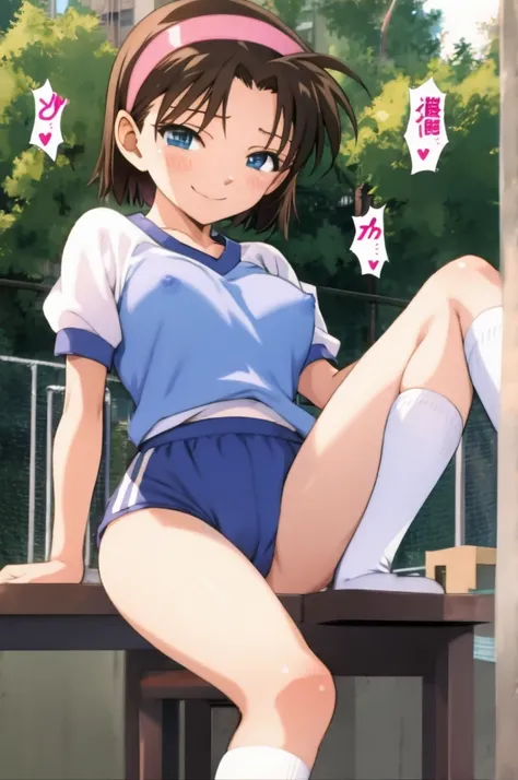 ayumiyoshida, , blue eyes, short hair, brown hair, bangs, hairband, school gym shirts,school gym shorts, smile, ,socks,,outdoor,medium breasts,nsfw