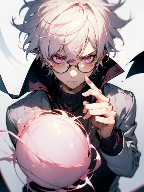 1male, white hair, messy hair, short hair, pink eyes, long sleeve sweater, circular glasses, serious expression, class