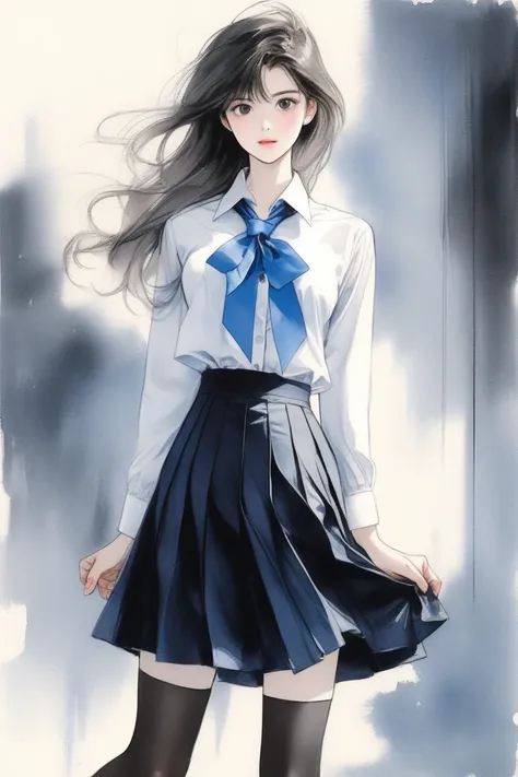 (Best quality, sketch:1.2),realistic,illustrator,anime,1 girl, details, [full length female mannequin], (photographic portrait), White shirt with blue tie, black skirt, sun skirt, fluffy skirt, knee length skirt, (black, nylon stockings), Low-heeled shoes,...