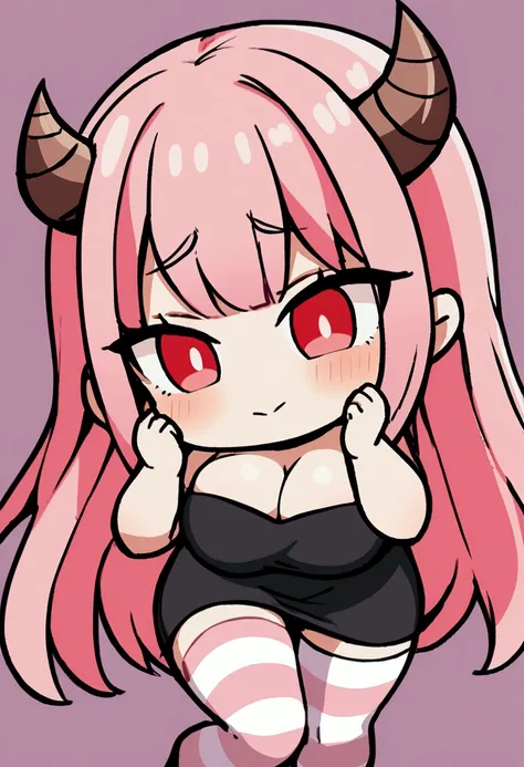 1girl with long pink hair, red eyes, two horns on head, big breasts, short black dress, pink and white striped stockings, shy face, chibi style