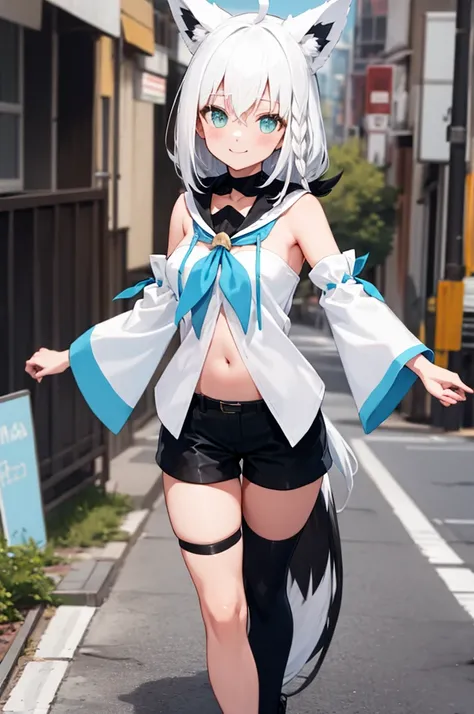 masterpiece, best quality, white hair, single side braid, ahoge, fox tail, fubukidefault, white blouse, [[midriff peek]], detached sleeves, black short shorts, blue neckerchief, thigh strap, single thighhigh, walking, looking at viewer, happy, , city stree...