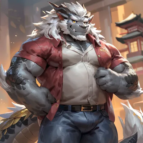 (artist: gamma_g, lindong, null-ghost, dangpa) 1male, sfw, eastern dragon, character design, bara, one fluffy tail, old man, fluffy mane, perfect eyes, grey body, white hair, background, solo, scales, detailed scales, golden decals, casual shirt, short jea...