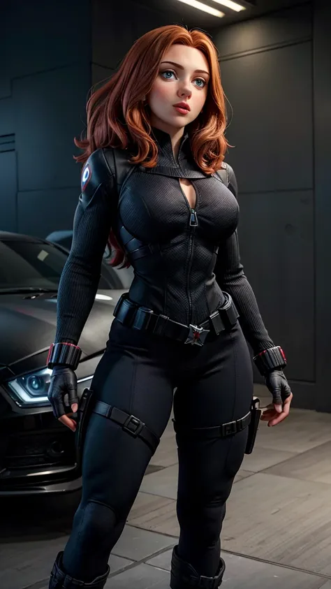 8K, Ultra HD, Super details, high quality, High resolution. The heroine Black Widow looks beautiful in a full body photo, her body is sculptural, her medium wavy red hair is radiant in a perfect combination with her white skin, her bright blue eyes mesmeri...