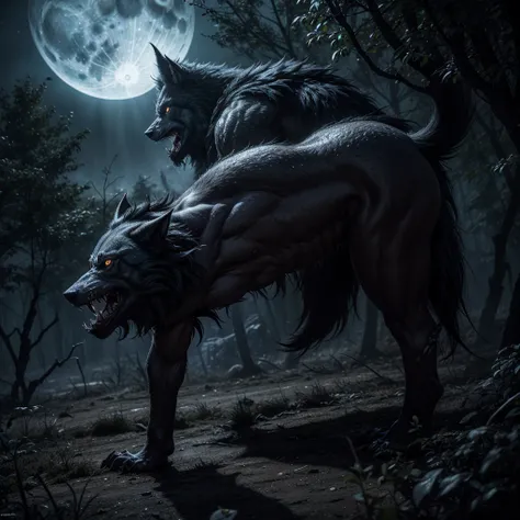 fancy,werewolf,grim,tenebrosa,natta,forst,silver moonlight,snarling,razor-sharp claws,ferocious,transforming,huge ass,haunted eyes,powerful muscles,rough skin,howling,threatening,,grim shadows,dense trees,mysterious atmosphere,mystic,creature of the natta,...