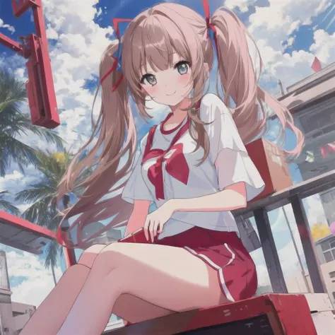 A girl in a white shirt and red shorts is sitting on a box, pretty girl、Light blue long hair、Twin tails、Bright smile