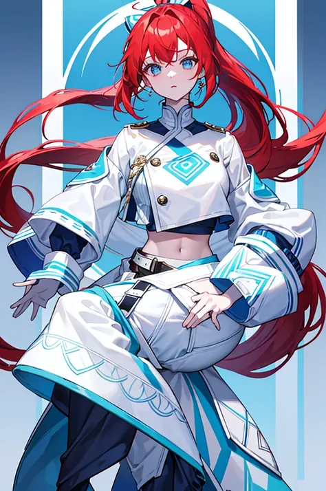 Physical description :
- **Skin**: Fair complexion.
- **Hair**: Long, red hair, tied in a high ponytail with side bangs. She wears a large white bow on the side of her head.
- **Eyes**: Large blue eyes.
- **Clothes** : 
  - Light blue crop top with dark bl...