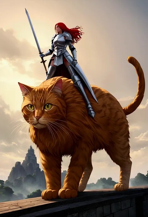 arafed a picture of a human knight riding an (Giant cat 1.3)) וin fantasy street, a a human knight, full body, ((anatomically correct: 1.5), female knight, red hair, long hair, hair in a pony tail, wearing knights armor, decorated armor, high heeled boots,...