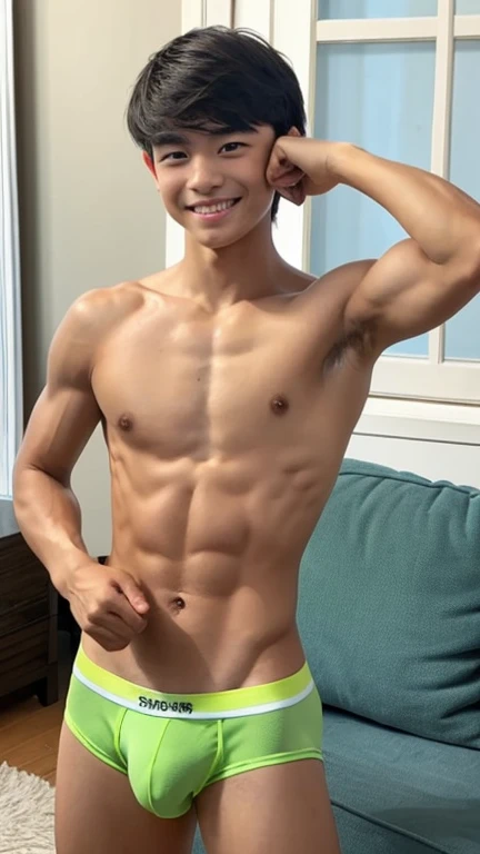 masterpiece、Japanese men、12 years old、Muscles and smooth skin、Very short black hair、A relaxed and friendly smile、Light green thin boxer briefs、The whole body is well visible、Fist pump in the living room