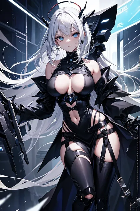 *Clothing:** She wears a very open black top, exposing part of her bust and abdomen. His garment features sharp, jagged shoulder pads, with sleeves that appear to blend into metallic or cybernetic structures. Her skirt or bottom consists of several metal s...