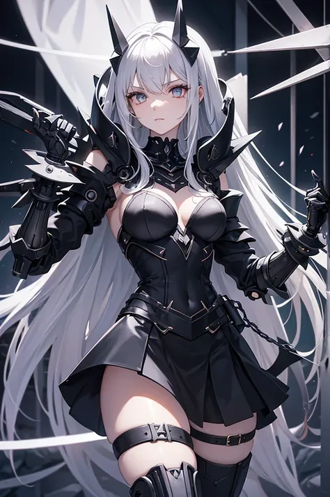 *Clothing:** She wears a very open black top, exposing part of her bust and abdomen. His garment features sharp, jagged shoulder pads, with sleeves that appear to blend into metallic or cybernetic structures. Her skirt or bottom consists of several metal s...