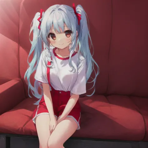 A girl in a white shirt and red shorts is sitting on a box, pretty girl、Light blue long hair、Twin tails、Bright smile