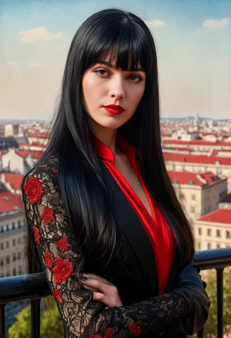 High-quality realistic acrylic art, vivid colors, lateral point of view, a beautiful vintage european woman with long black straight hair, bangs, looking at the viewer with suspicious face and a shy smile, red lips, she wears silk lace black suit, tight la...