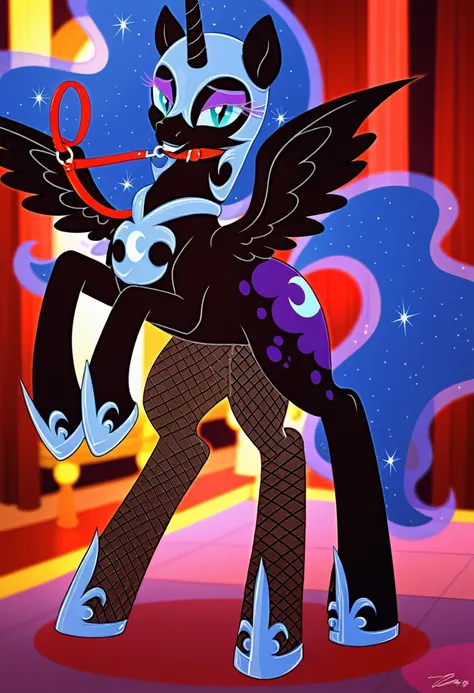 Pony  sad   nightmare moon in   in fishnet tights  b  night club walks on a leash