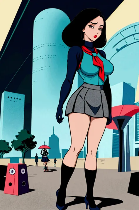 (full body view)  girl with dark hair and defined face, wearing a very short miniskirt,walking in a retrofuturistic atompunk style park, outdoor scene surrounded by huge buildings googie art,(masterpiece,detailed) (high contrast)