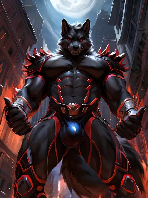 (1 gay boy,black wolf,wolf wearing an evil supervillain costume, full body on display, big muscular ass, muscles shining over the costume, supervillain costume, detailed costume, dark power, black flames with red ,night, dense darkness, Machiavellian smile...