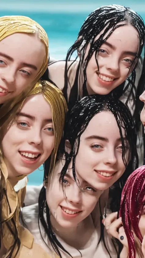 Three girls taking a shower、Billie Eilish、Smiling