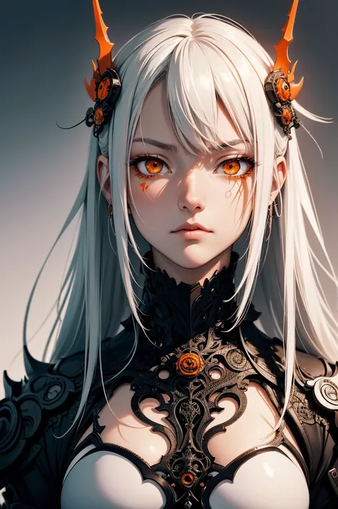 style of Tsutomu Nihei,(incredibly absurdres, (high resolution:1.18), intricate detail, (masterpiece:1.1), (highest quality:1.1), absurdres),(1girl, portrait, white hair, orange eyes, long hair, detailed eyes),