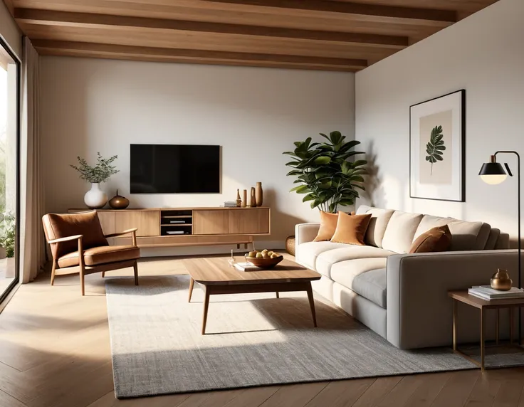 Generate a photorealistic AI-rendered image of a warm and cozy living room with a clean aesthetic. The scene should radiate a welcoming atmosphere., with well-lit spaces and a tasteful interior. Include realistic details such as furniture arrangement., sub...