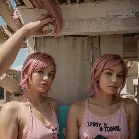 girl, , short shoulder-length hair, pink hair color, bikini, tshirt,