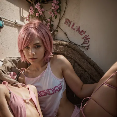 girl, , short shoulder-length hair, pink hair color, bikini, tshirt,