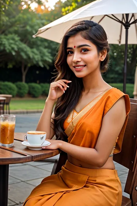 ((best quality)), ((masterpiece)), (detailed), Beautiful 24 years old indian girl in light transparent orange color textures saree with orange blouse. Close up photo to viewer from café table, cinematic:1.3, realism, beautiful lip, beautiful-cute brown eye...