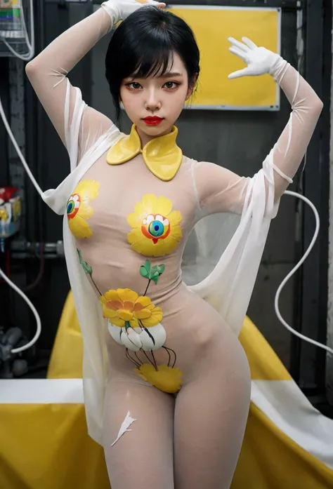 a woman in a transparent yellow bodysuit posing for a picture, ross tran and ilya kuvshinov, toiletpaper magazine, love death + robots, trending at cgstation, glenn barr, style = retro-futurism, inspired by Hanabusa Itchō II, style of takashi murakami, yos...