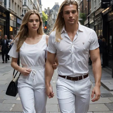 ((best quality)), ((masterpiece)), (detailed), couple, walking in London, England, 1woman, very long blonde hair, cocktail dress, 1man, tall, muscular, handsome, dark short hair, wearing white shirt, white pants, summer time