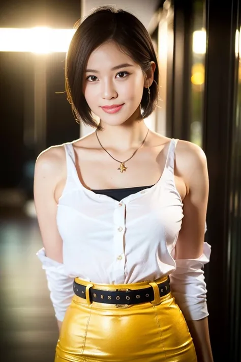 (a tall and pretty woman, age28, kind smile, dimpled cheeks, slender abs, short hair, styish bob hair, side bangs, ponytail, ample bosom, wearing pendant, korean trendy fashion, white button up shirt, belt, yellow pencil skirt, Tokyo Tower in background, d...