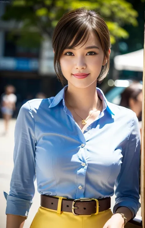 (a tall and pretty woman, age28, kind smile, dimpled cheeks, slender abs, short hair, styish bob hair, side bangs, ponytail, ample bosom, wearing pendant, korean trendy fashion, white button up shirt, belt, yellow pencil skirt, Tokyo Tower in background, d...