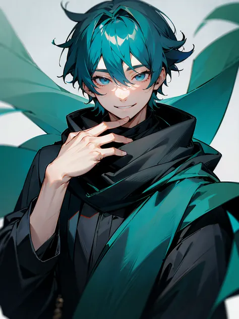 1male, teal hair, grey eyes, black scarf, black long sleeve shirt, smile