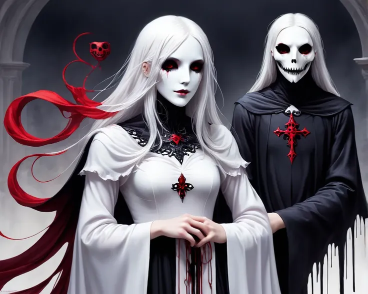 （Hand holding mask：1.5），（White-haired ghost，straight hair，Red eyes），（gothic art），（Fear：1.5），（correct human anatomy：1.37）