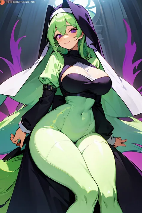 very light green hair,long hair,purple eyes,big breast,voluptuous,droopy eyes,smiling,nun,Thin eyebrows