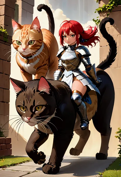 arafed a picture of a human knight riding an (Giant cat 1.3)) וin fantasy street, a a human knight, full body, ((anatomically correct: 1.5), female knight, red hair, long hair, hair in a pony tail, wearing knights armor, decorated armor, high heeled boots,...