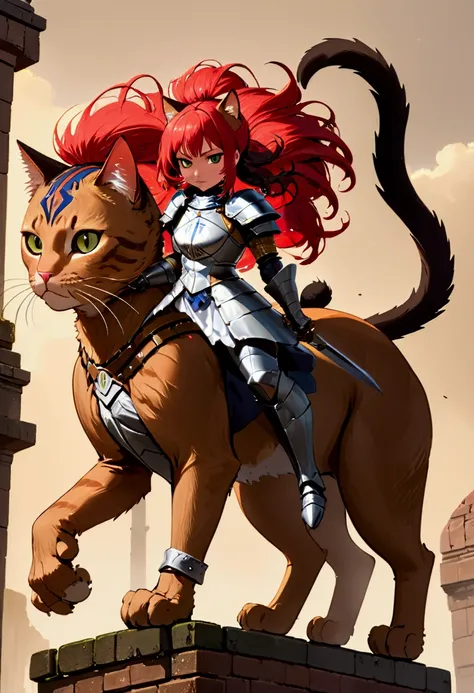 arafed a picture of a human knight riding an (Giant cat 1.3)) וin fantasy street, a a human knight, full body, ((anatomically correct: 1.5), female knight, red hair, long hair, hair in a pony tail, wearing knights armor, decorated armor, high heeled boots,...