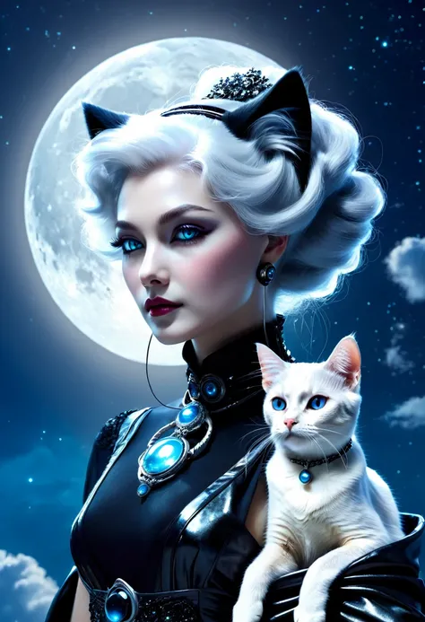 Beautiful neofuturistic woman, Granny cat, Lady Moonlight, Same Ol’ Mistakes, —ar 9:16