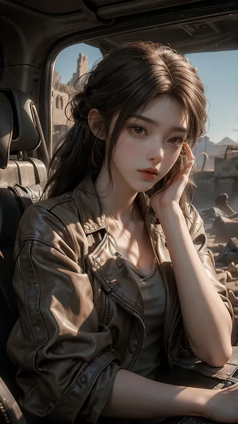 ((masterpiece, highest quality, Highest image quality, High resolution, photorealistic, Raw photo, 8K)), ((Extremely detailed CG unified 8k wallpaper)), Post-Apocalyptic Wasteland, The world of Mad Max, she wears a leather jacket over his bare skin and hol...