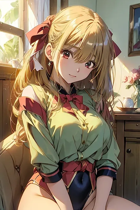 masterpiece, Highest quality, High resolution, Anime art style, Game CG, Backtrack Rich, Rich 1, 1 girl, alone, Long Hair, bangs, Blonde, Red eyes, bow, ribbon, Hair between the eyes, jewelry, hair bow, hair band, leotard,Trojan horse, rubbing the crotch